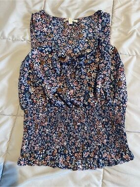 nine britton Navy Floral Smocked Tank with Pink and Brown Accents